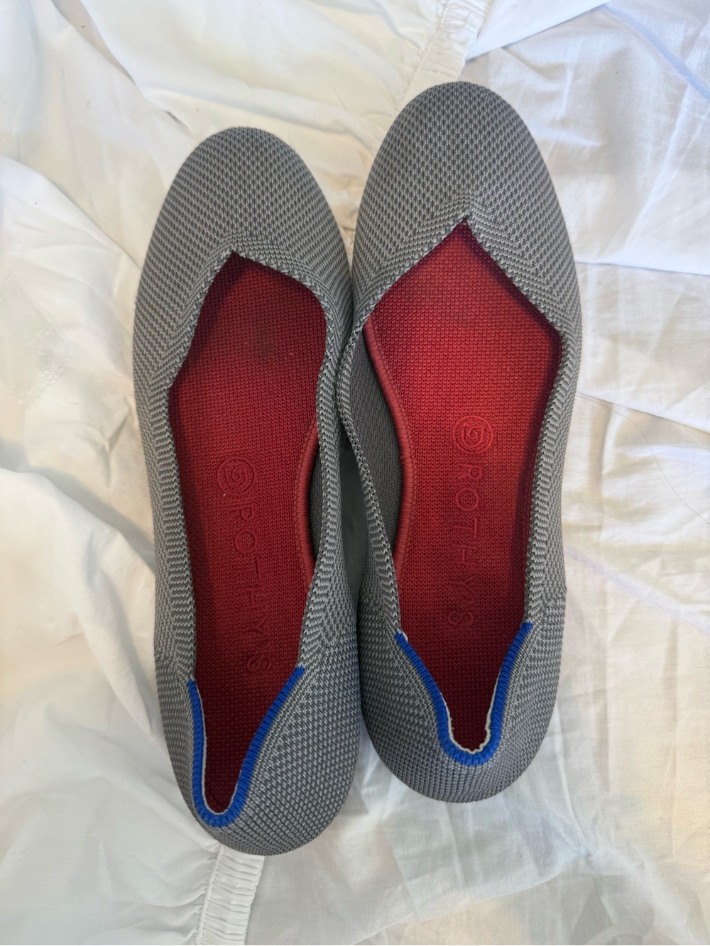 Rothy's Gray Knit Slip-On Flats with Red Insole and Blue Trim